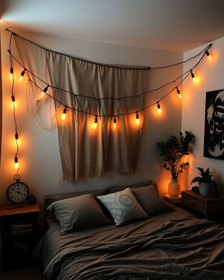string lights with torn fabrics for room decor