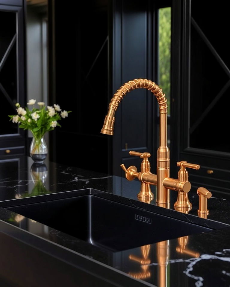 stunning black kitchen sink with gold fixtures