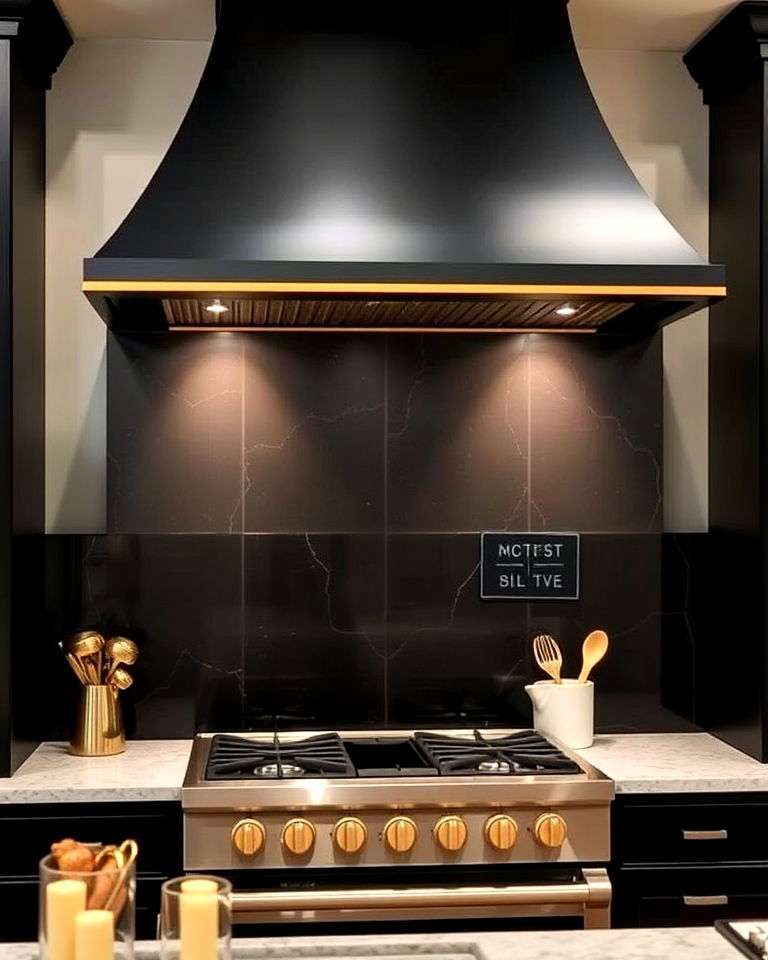stunning black range hood with gold trim