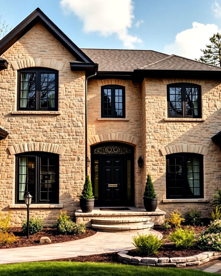 stunning black windows with natural stone