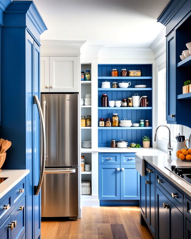 stylish blue and white kitchen with an open pantry