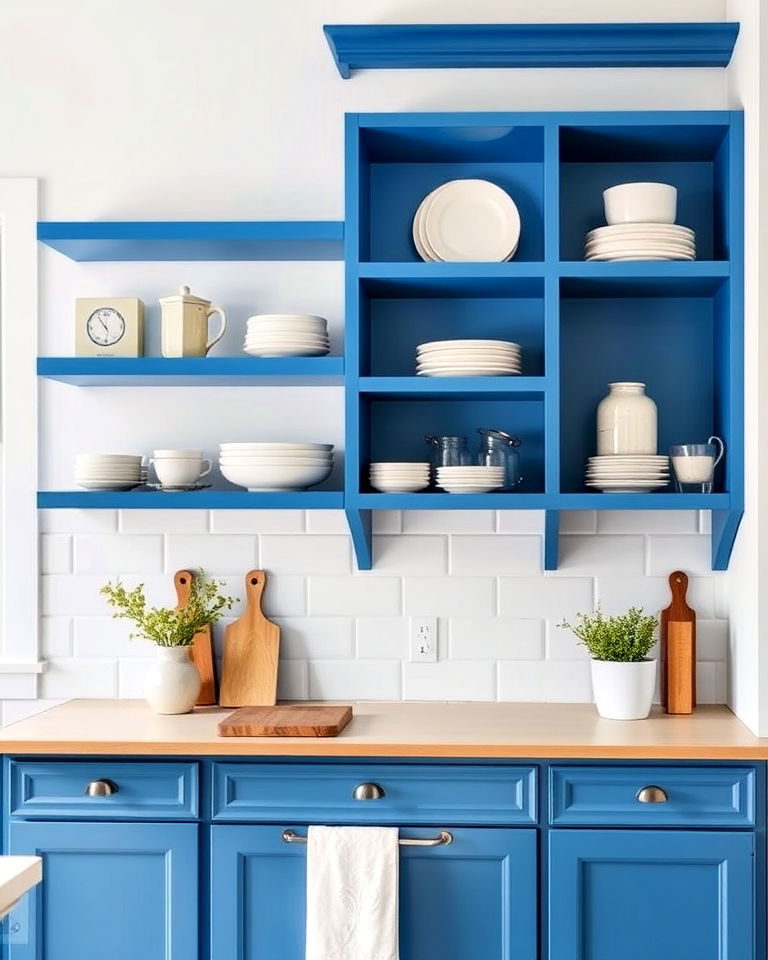 stylish blue open shelving with white kitchen walls