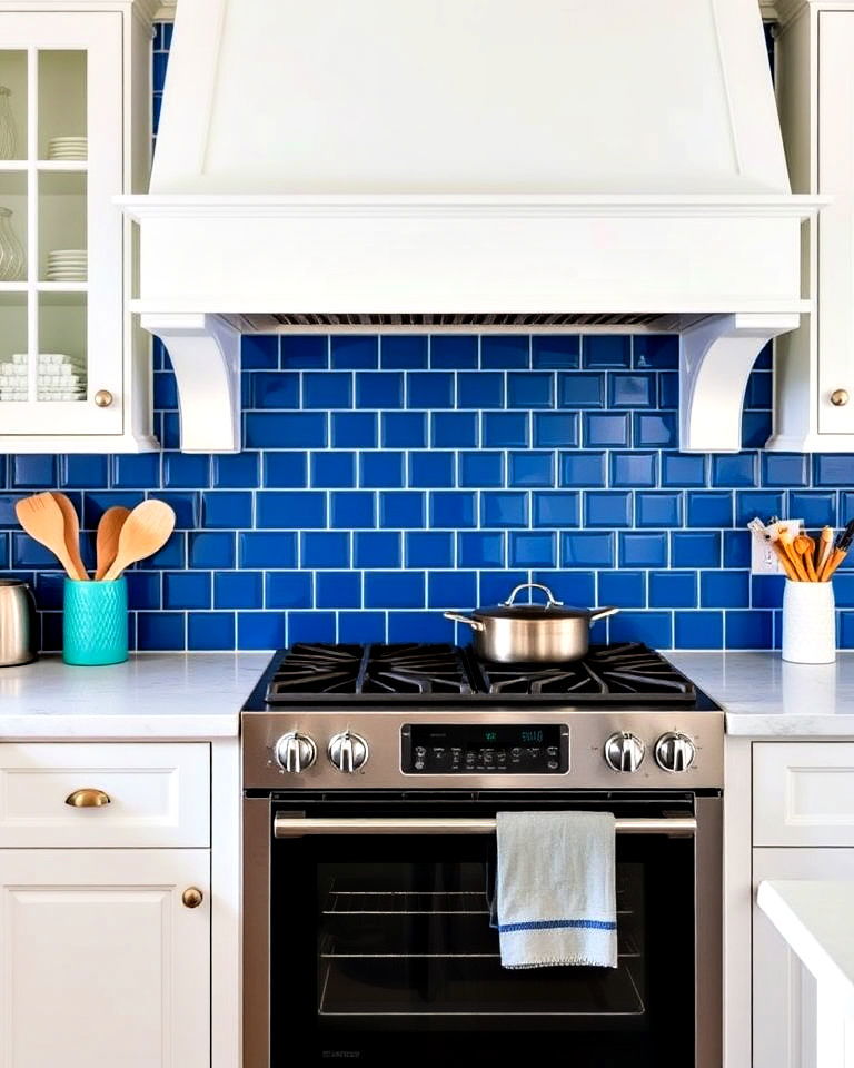 stylish blue tile accent area around the stove