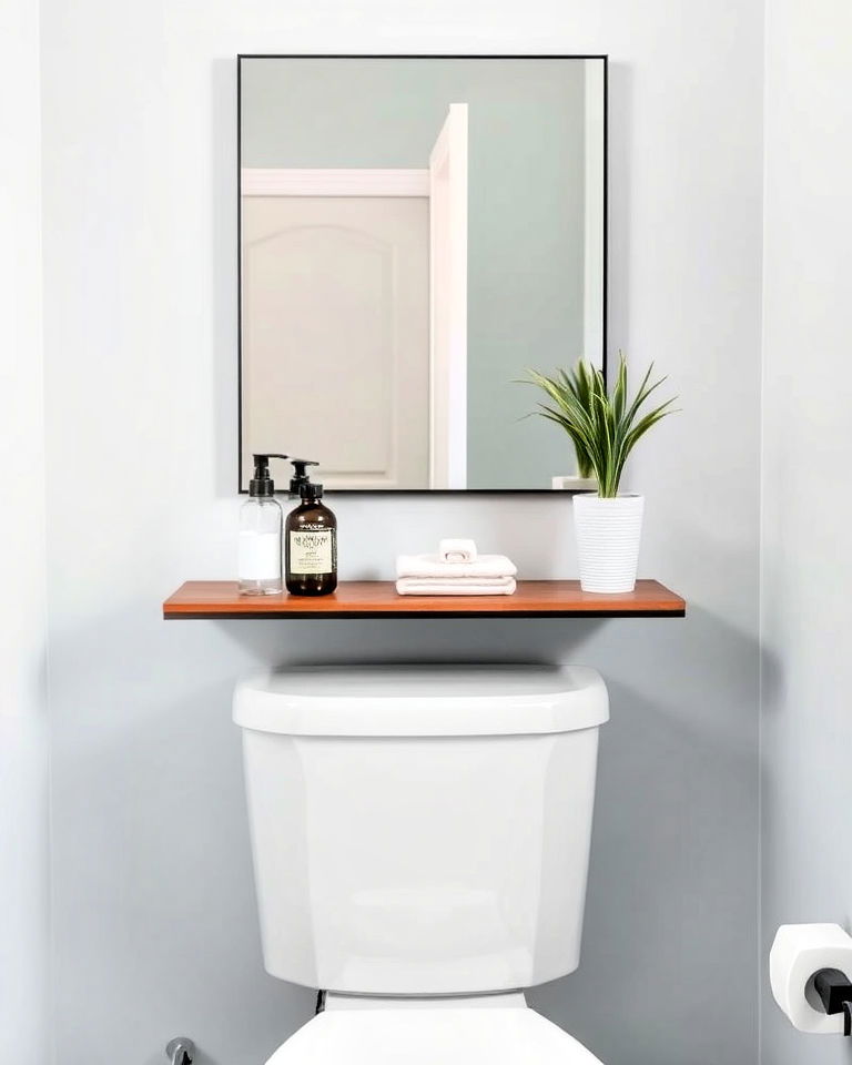 stylish mirror with a shelf above the toilet