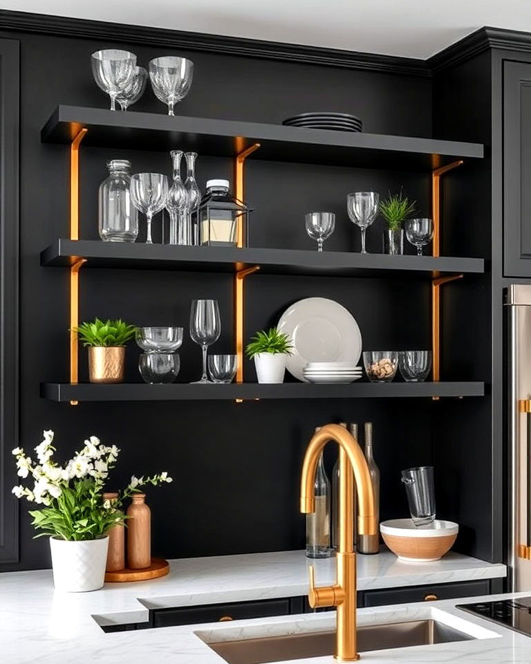 stylish open kitchen shelving with gold brackets