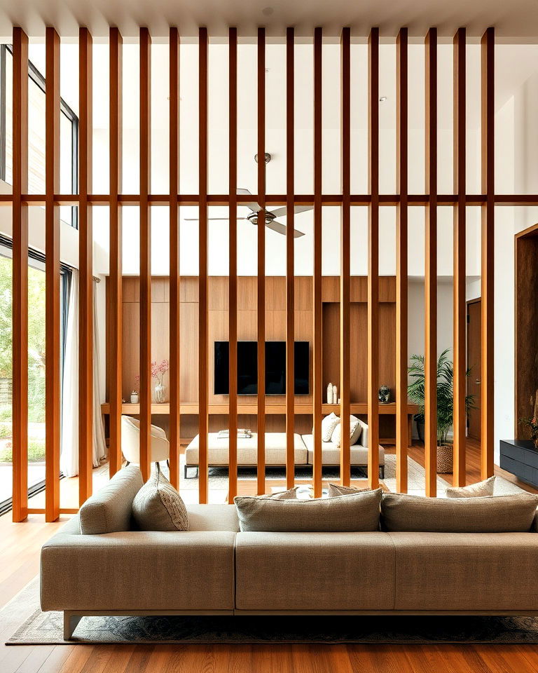 stylish partition wall with wooden slats