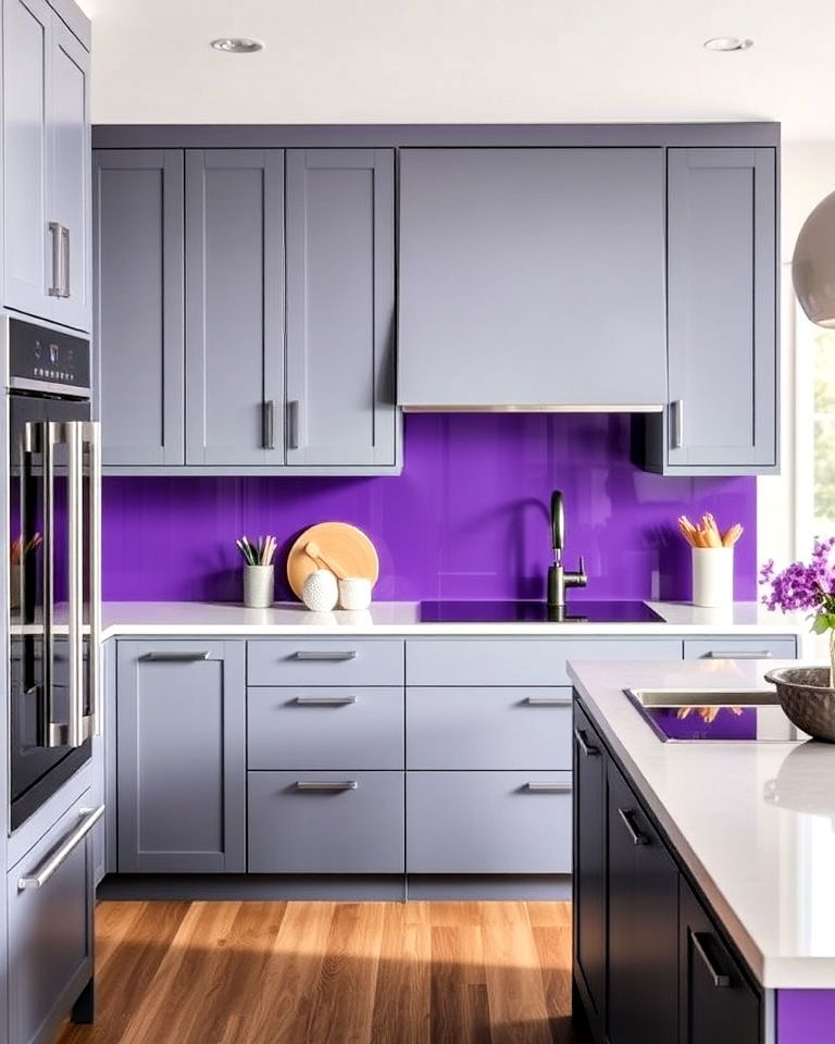 stylish purple and gray themed kitchen