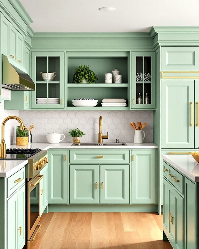 stylish seafoam green and brass fixtures for kitchen
