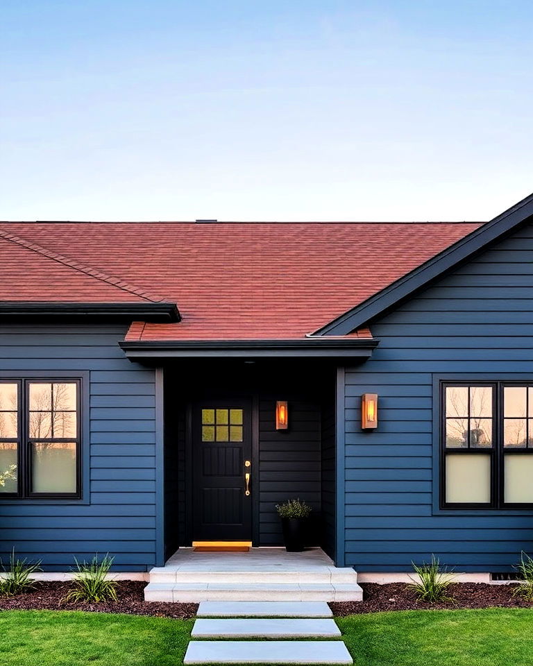 stylish twilight blue with a smoky brown roof