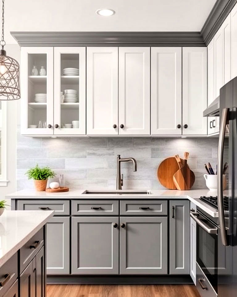 stylish two toned grey and white kitchen cabinets