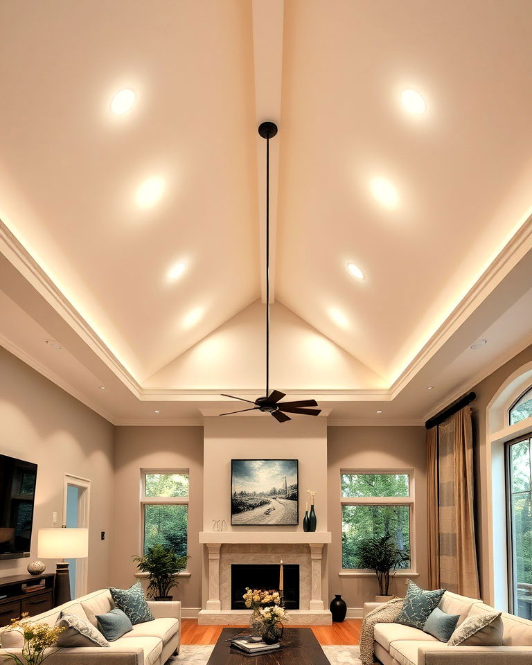 stylish vaulted ceiling with recessed lighting