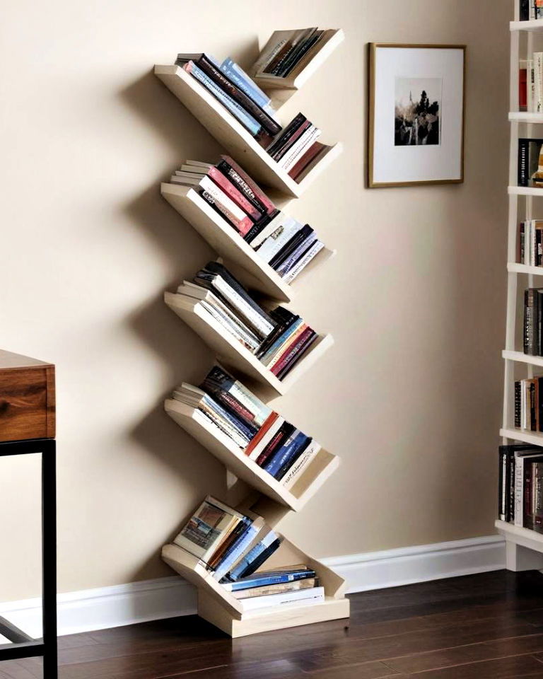 stylish yet functional diagonal corner bookshelf