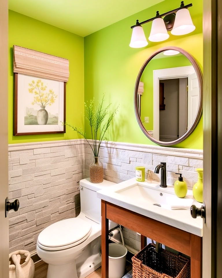 subtle lime green accents for your powder room