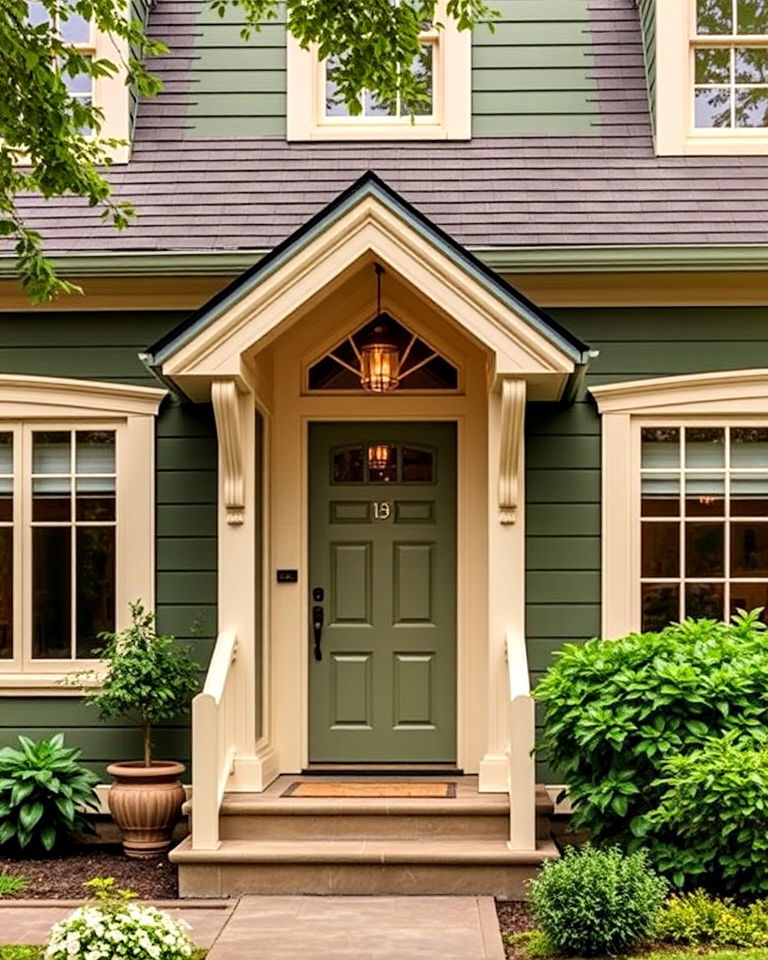 suburban olive green exterior with creamy accents