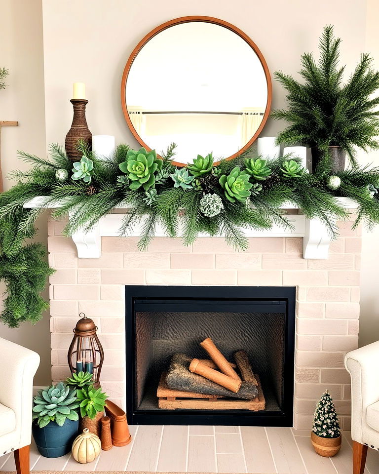 succulent and pine mantel garland