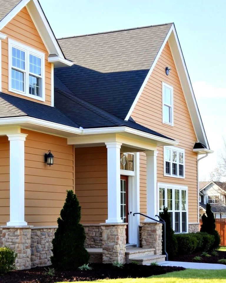 tan exterior siding with black roof for suburban homes