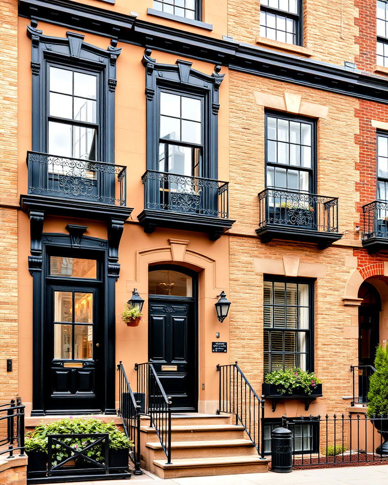 tan rowhouse with black trim
