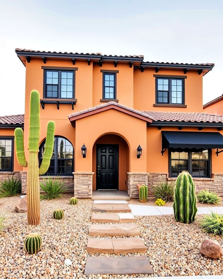 tan stucco siding and bold black trim
