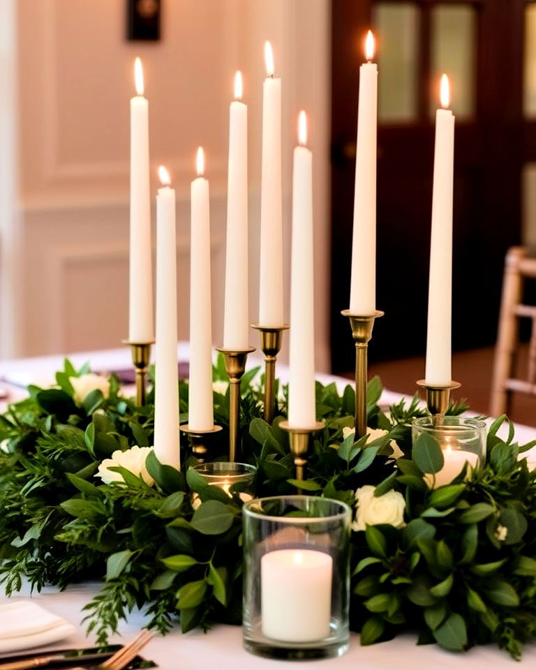taper candle arrangement with greenery