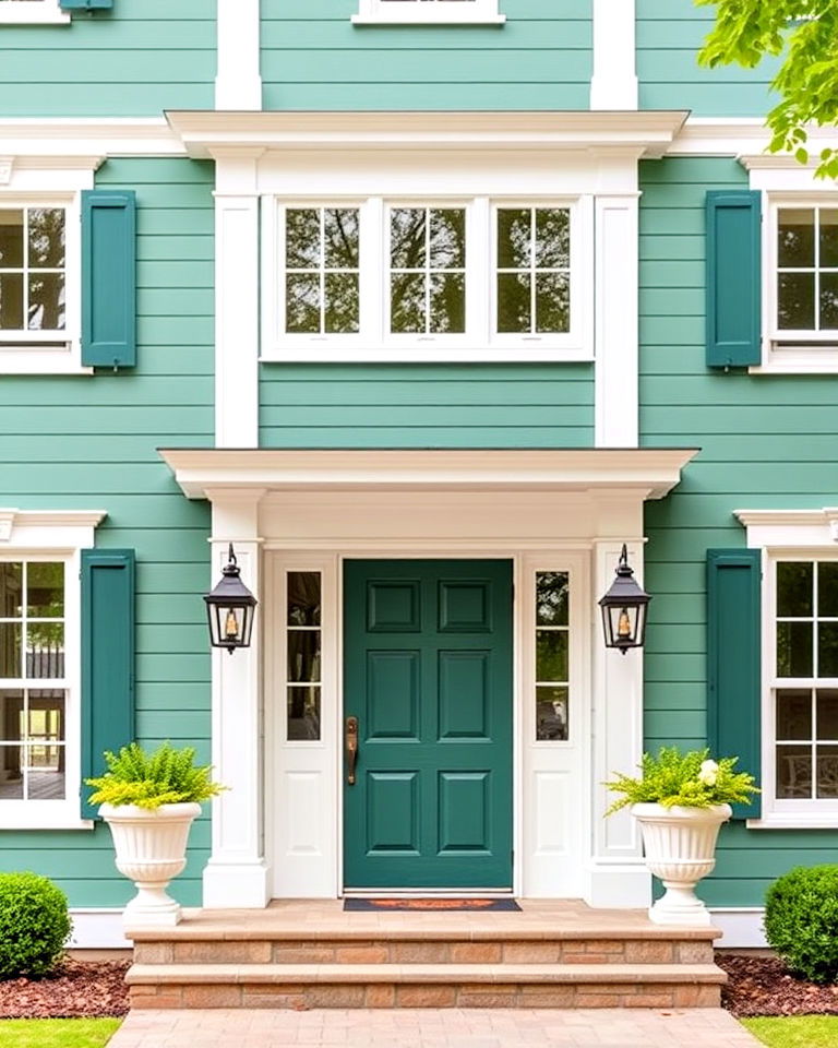 teal green farmhouse exterior with bold white contrast