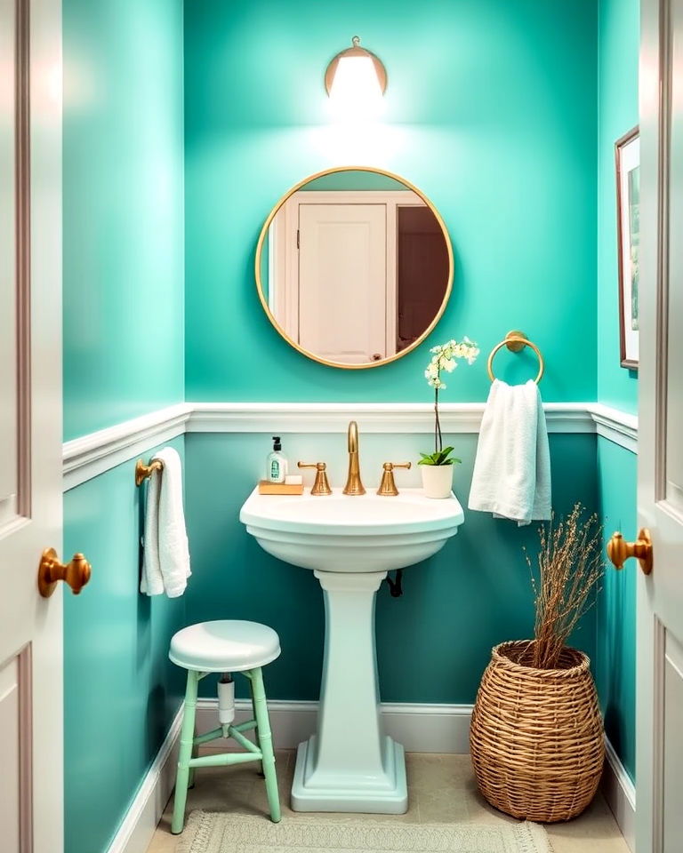 teal green powder room walls with coastal accents