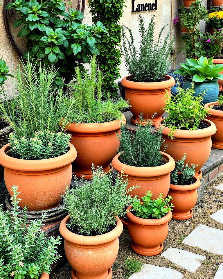 terracotta planters with herbs