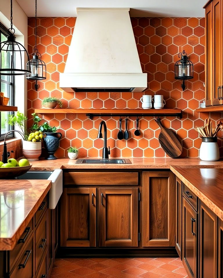 terracotta tiles backsplash to add warmth