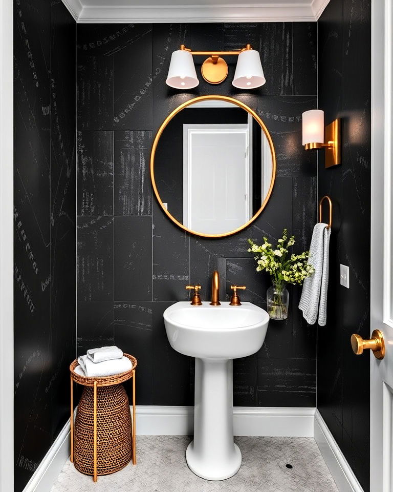textured black walls with gold accents powder room
