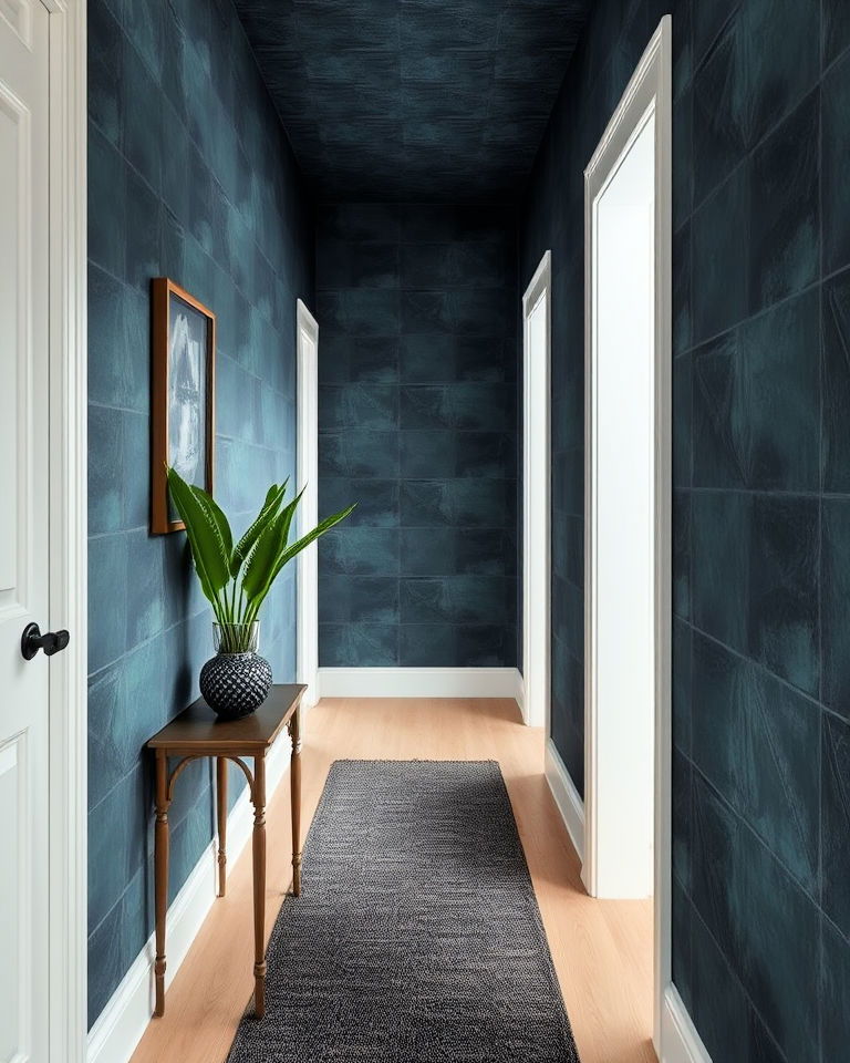 textured wallpaper dark hallway