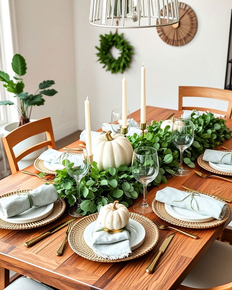 thanksgiving table with leafy green runner
