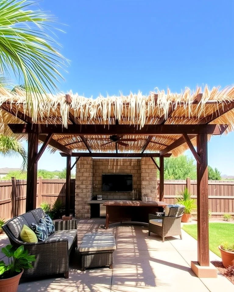 thatched pergola roof for a tropical vibe