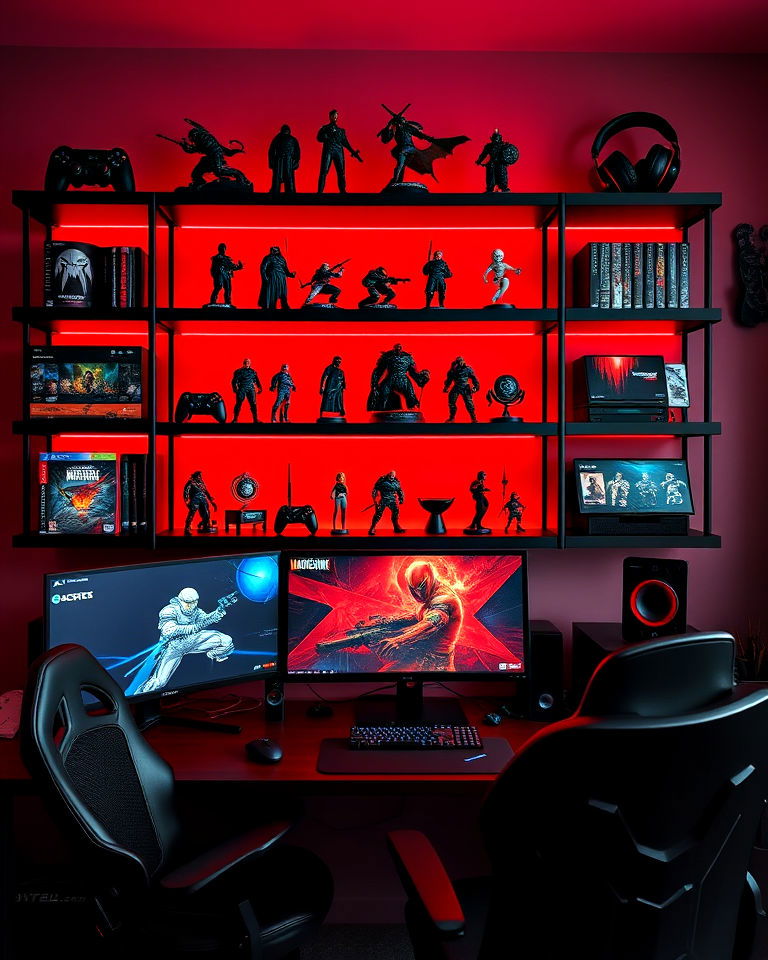 themed red and black display shelves