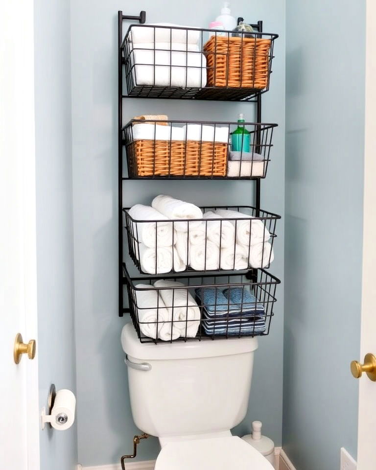 tiered basket system mounted above the toilet