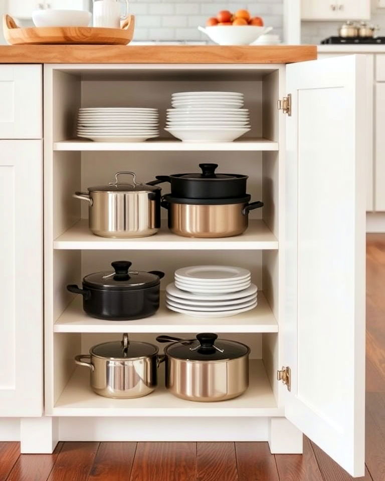 tiered shelves with kitchen island