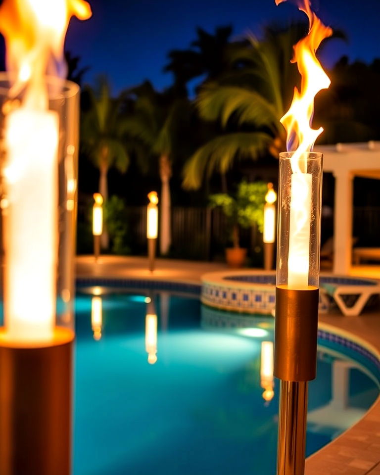 tiki torches around the pool for a tropical vibe