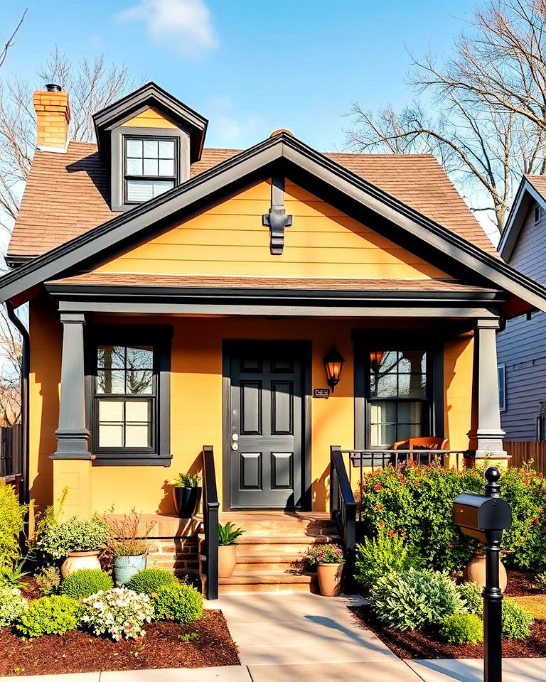 timeless elegance tan bungalow with black trim