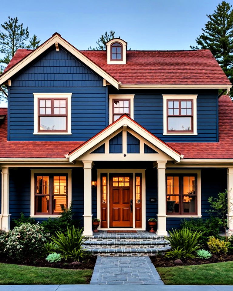 timeless ink blue siding with a maple brown roof