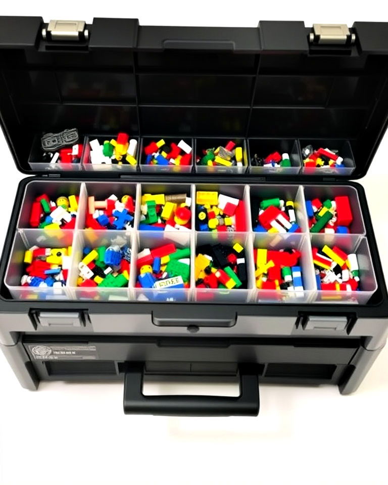 toolbox with adjustable compartments for lego storage