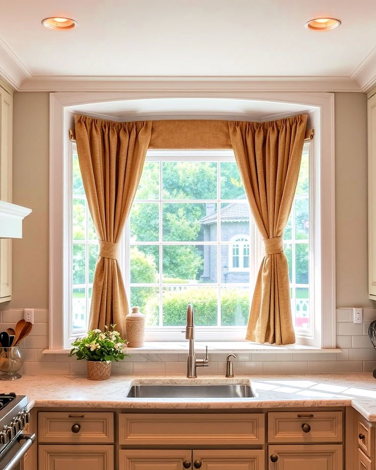 traditional bay window with classic drapery