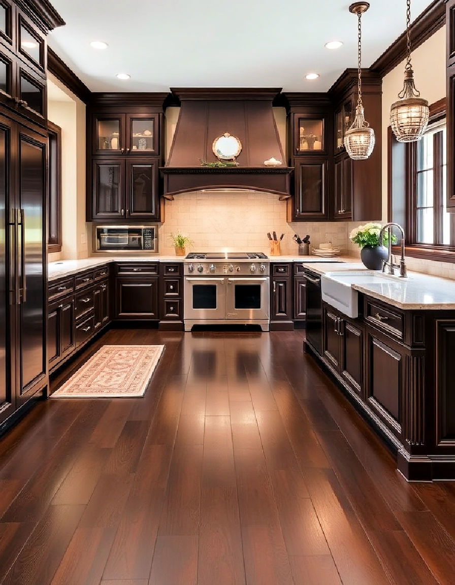 traditional kitchen with dark wood floor and classic details