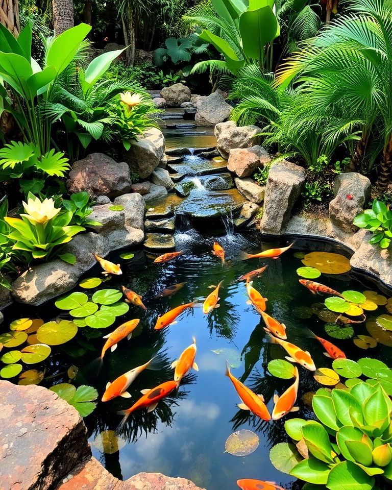 tranquil koi pond as a tropical landscape centerpiece