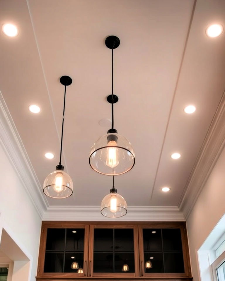 tray ceiling with pendant lighting for kitchen