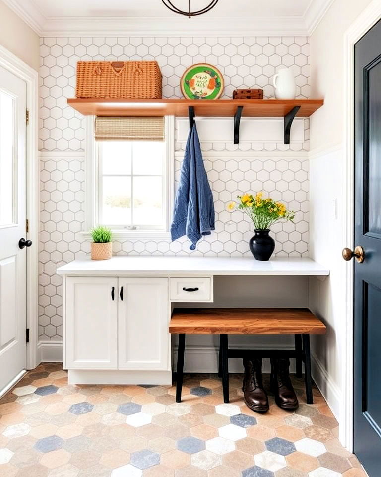 trendy hexagonal tile mudroom flooring