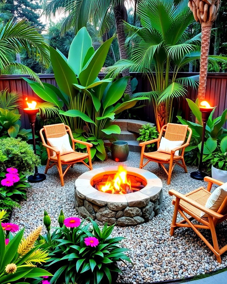 tropical inspired fire pit area