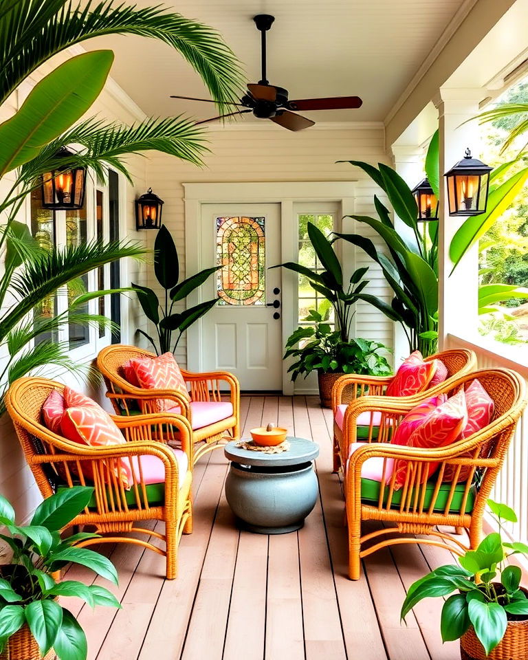 tropical inspired front porch deck