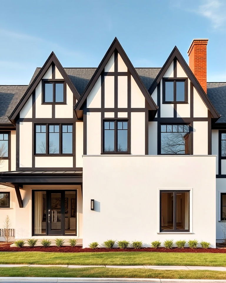 tudor exterior with a flat accent wall