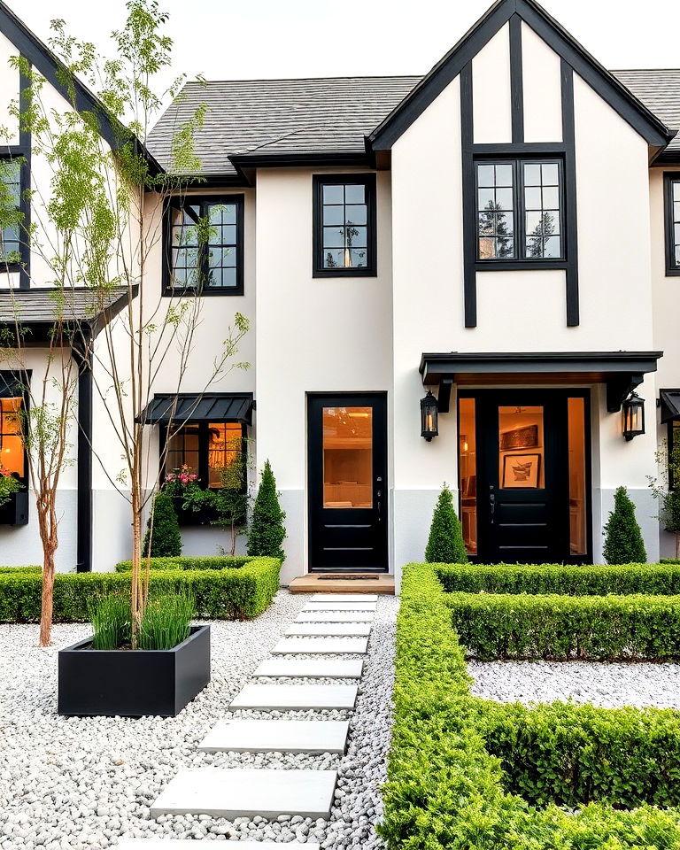 tudor exterior with minimalist landscaping