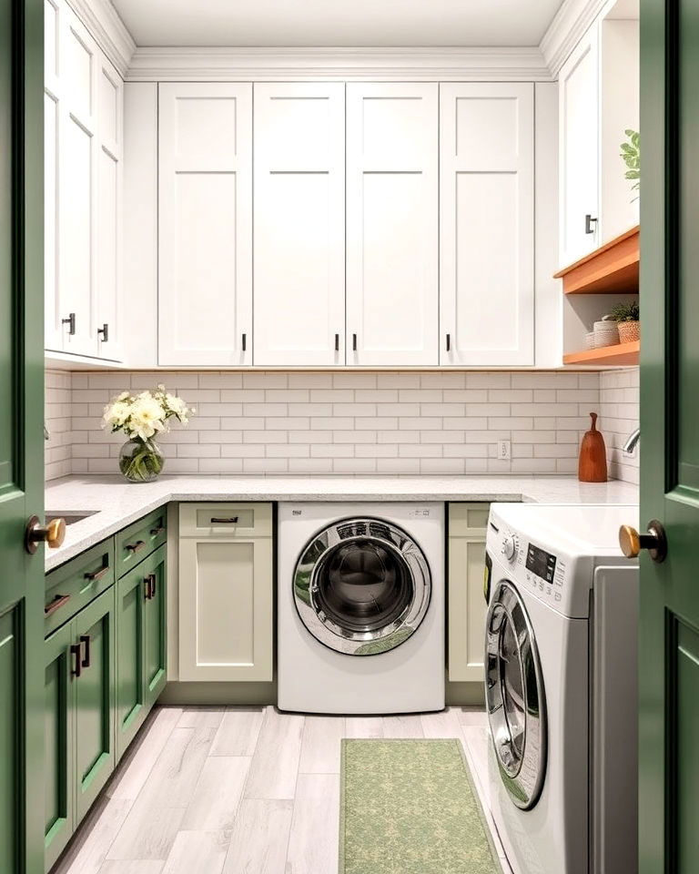 two toned green and white cabinets for laundry room