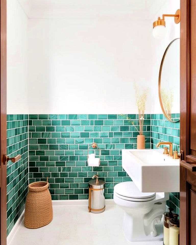 two toned green and white powder room walls
