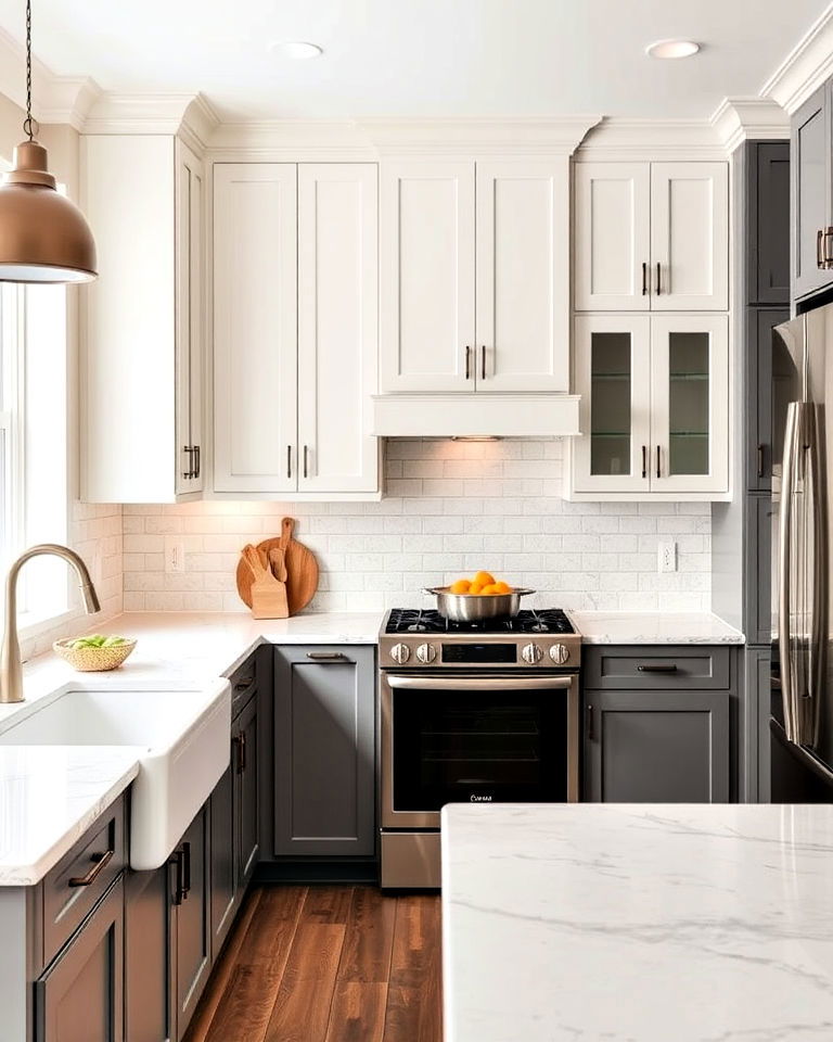 two toned off white and gray kitchen cabinets